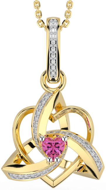 Diamond Pink Tourmaline Gold Celtic Trinity Heart Knot Necklace