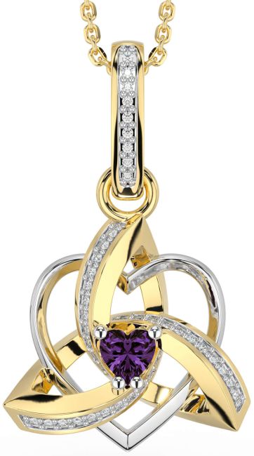 Diamond Alexandrite White Yellow Gold Celtic Trinity Heart Knot Necklace