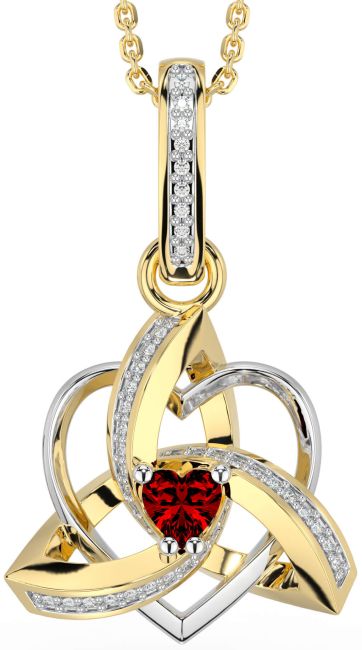 Diamond Garnet White Yellow Gold Celtic Trinity Heart Knot Necklace