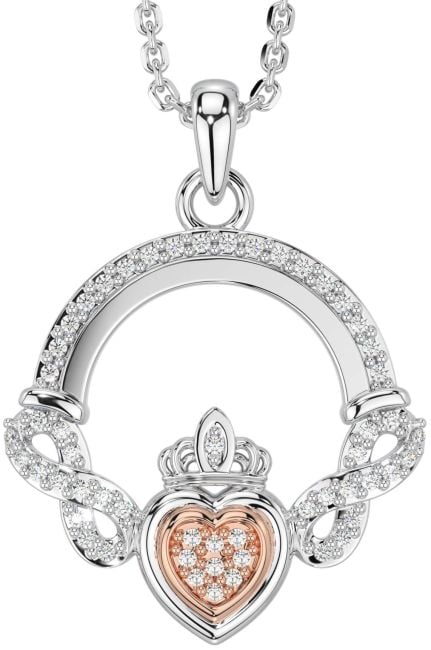 Diamond Rose Gold Silver Claddagh Infinity Necklace