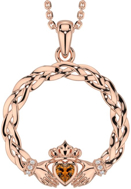 Diamond Citrine Rose Gold Silver Celtic Claddagh Necklace