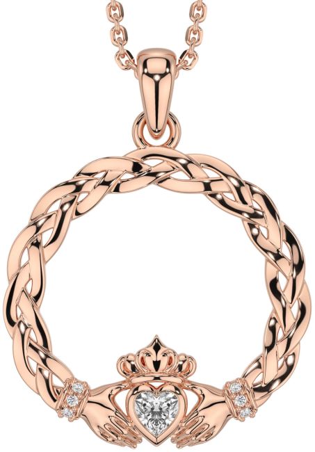 Diamond Rose Gold Silver Celtic Claddagh Necklace