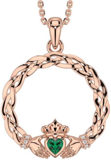 Diamant Smaragd Rose Gold Silber keltisch Claddagh Halskette