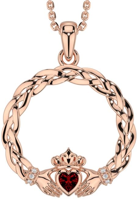 Diamant Grenat Rose Or celtique Claddagh Collier