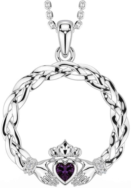 Diamond Alexandrite Silver Celtic Claddagh Necklace