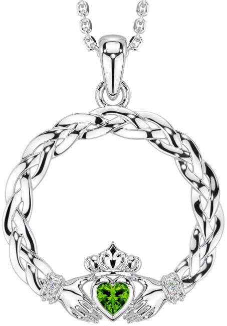 Diamond Peridot White Gold Celtic Claddagh Necklace