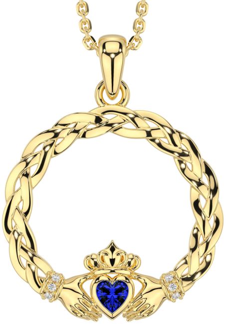 Diamond Sapphire Gold Celtic Claddagh Necklace