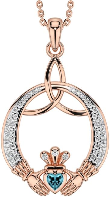 Diamond Aquamarine Rose Gold Silver Claddagh Celtic Trinity Knot Necklace