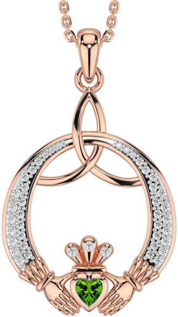 Diamond Peridot Rose Gold Silver Claddagh Celtic Trinity Knot Necklace