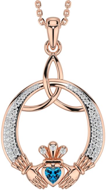 Diamond Topaz Rose Gold Claddagh Celtic Trinity Knot Necklace