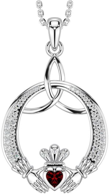 Diamond Garnet White Gold Claddagh Celtic Trinity Knot Necklace