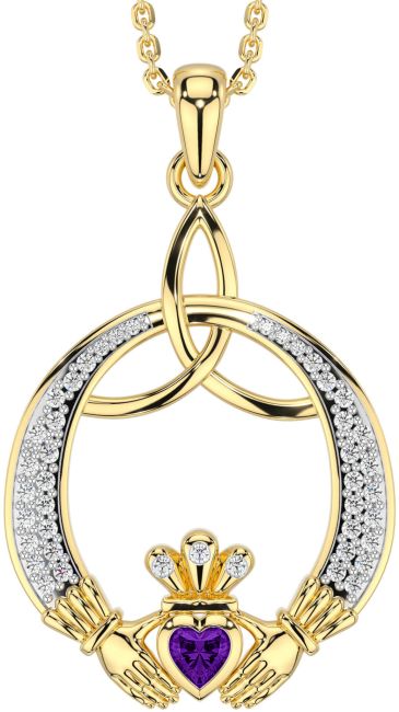 Diamond Amethyst Gold Claddagh Celtic Trinity Knot Necklace