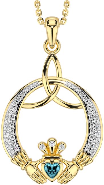 Diamond Aquamarine Gold Claddagh Celtic Trinity Knot Necklace