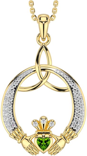 Diamond Peridot Gold Claddagh Celtic Trinity Knot Necklace