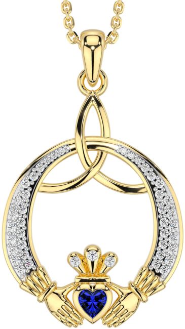 Diamond Sapphire Gold Claddagh Celtic Trinity Knot Necklace