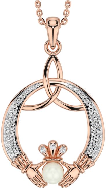 Diamond Rose Gold Silver Claddagh Celtic Trinity Knot Necklace