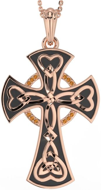 Large Citrine Rose Gold Silver Black Rhodium Celtic Cross Heart Necklace