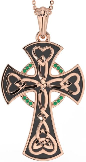 Large Emerald Rose Gold Silver Black Rhodium Celtic Cross Heart Necklace