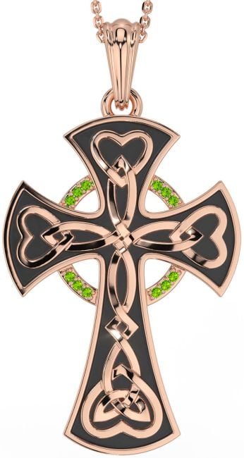 Large Peridot Rose Gold Silver Black Rhodium Celtic Cross Heart Necklace