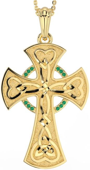 Large Emerald Gold Silver Celtic Cross Heart Necklace