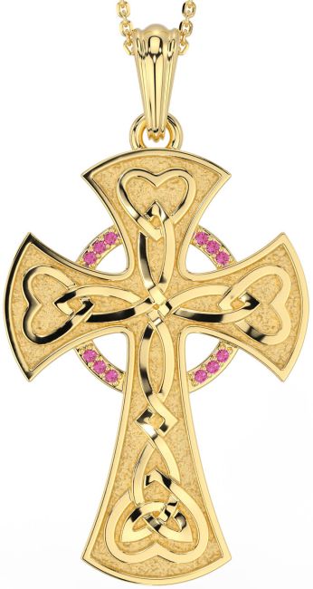 Large Pink Tourmaline Gold Silver Celtic Cross Heart Necklace