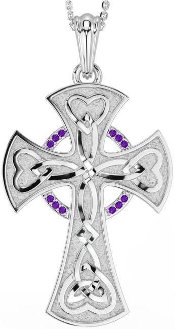 Large Amethyst Silver Celtic Cross Heart Necklace