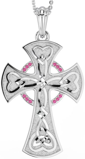 Large Pink Tourmaline Silver Celtic Cross Heart Necklace