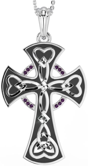 Large Alexandrite Silver Black Rhodium Celtic Cross Heart Necklace