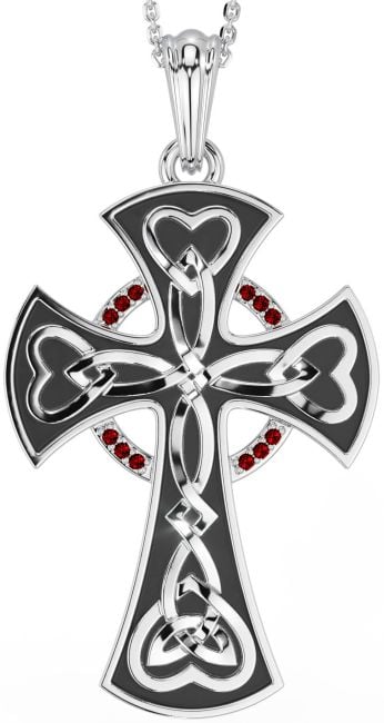 Large Garnet Silver Black Rhodium Celtic Cross Heart Necklace