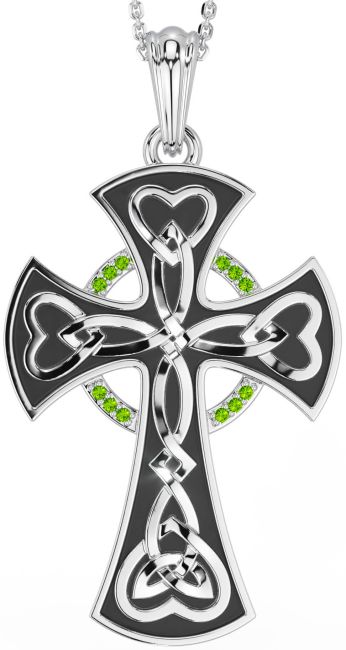 Large Peridot Silver Black Rhodium Celtic Cross Heart Necklace