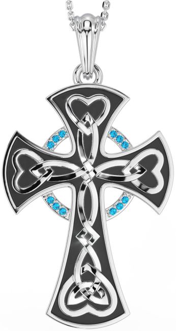 Large Topaz Silver Black Rhodium Celtic Cross Heart Necklace