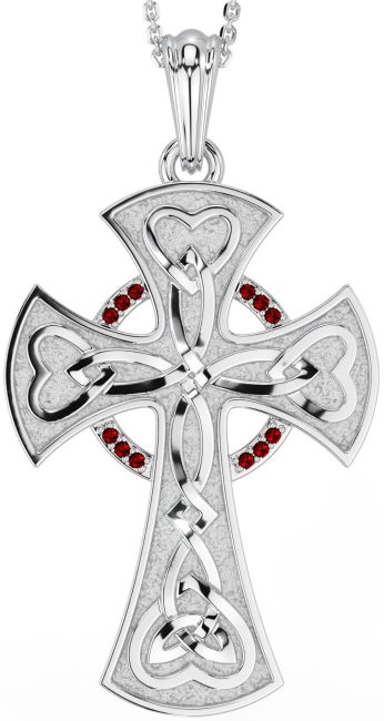 Large Garnet White Gold Celtic Cross Heart Necklace