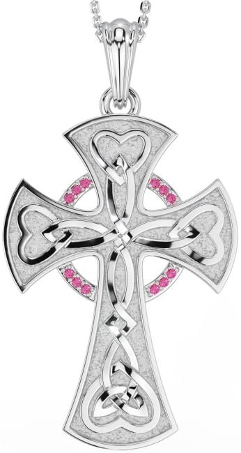 Large Pink Tourmaline White Gold Celtic Cross Heart Necklace