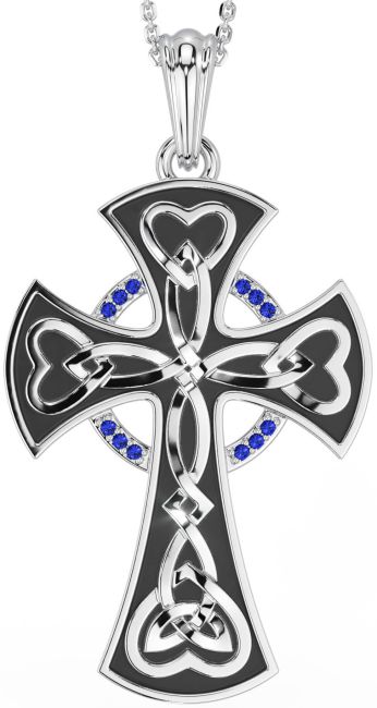 Large Sapphire White Gold Black Rhodium Celtic Cross Heart Necklace