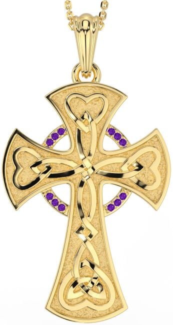 Large Amethyst Gold Celtic Cross Heart Necklace