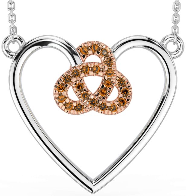 Citrine Rose Gold Silver Celtic Trinity Knot Heart Necklace