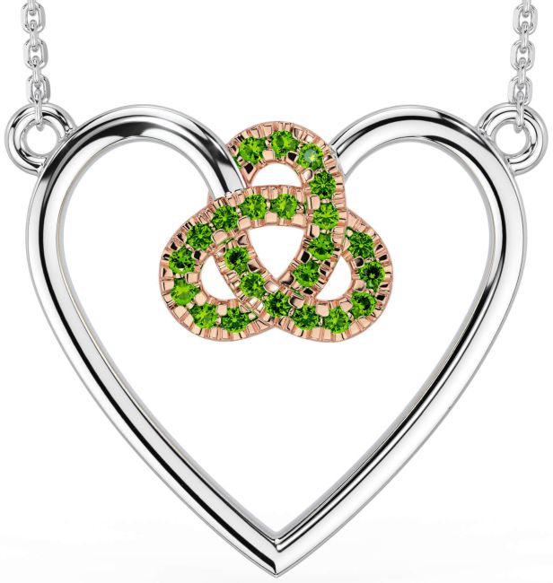 Peridot Rose Gold Silver Celtic Trinity Knot Heart Necklace