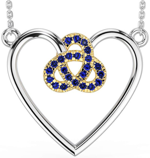 Sapphire Gold Silver Celtic Trinity Knot Heart Necklace