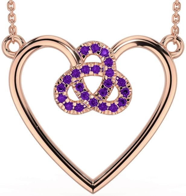 Amethyst Rose Gold Silver Celtic Trinity Knot Heart Necklace