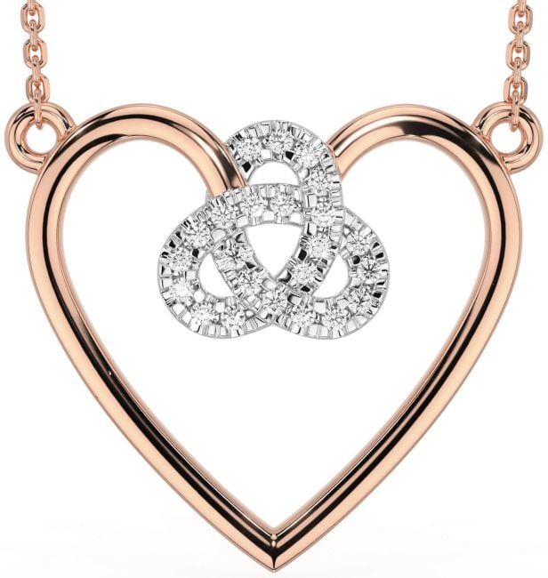 Diamond Rose Gold Silver Celtic Trinity Knot Heart Necklace