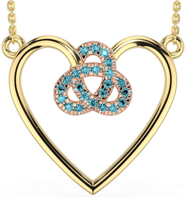 Aquamarine Rose Yellow Gold & Silver Celtic Trinity Knot Heart Necklace