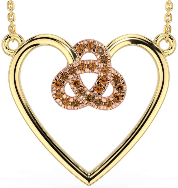 Citrine Rose Yellow Gold & Silver Celtic Trinity Knot Heart Necklace