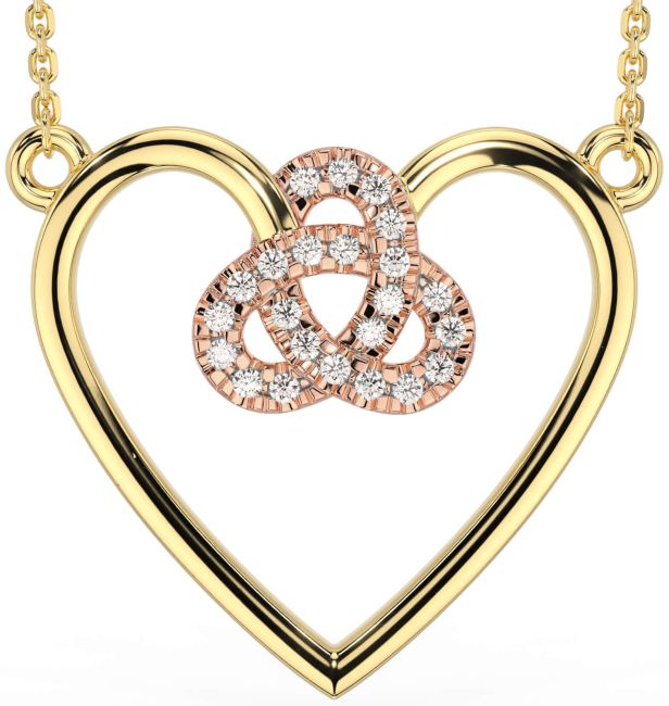 Diamond Rose Yellow Gold & Silver Celtic Trinity Knot Heart Necklace