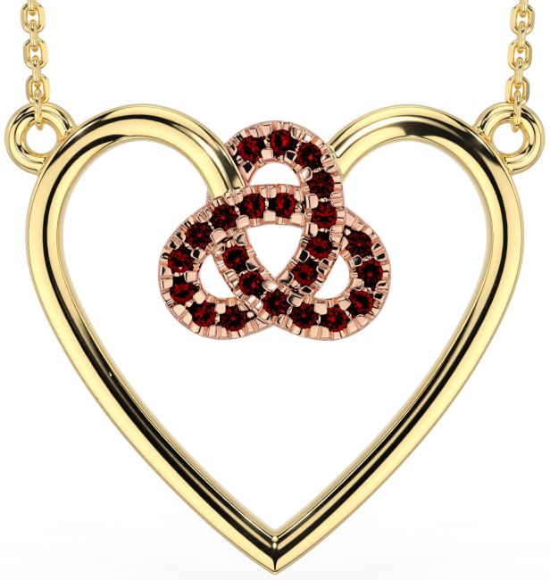 Garnet Rose Yellow Gold & Silver Celtic Trinity Knot Heart Necklace