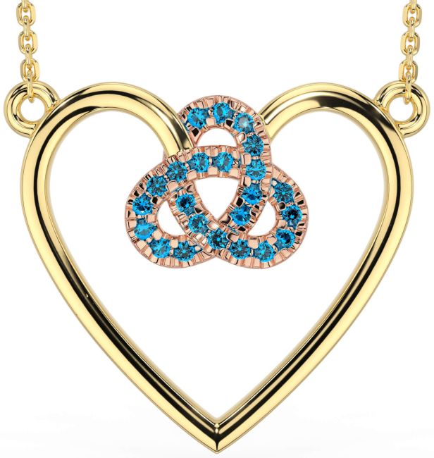 Topaz Rose Yellow Gold & Silver Celtic Trinity Knot Heart Necklace