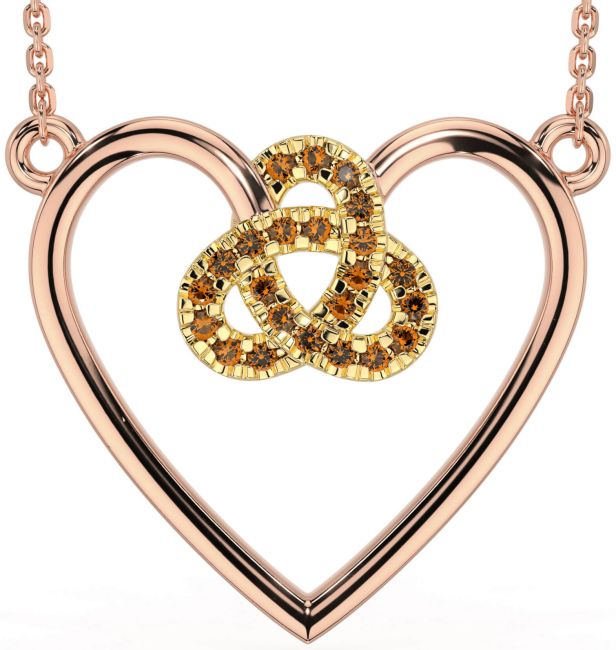Citrine Rose Yellow Gold Celtic Trinity Knot Heart Necklace