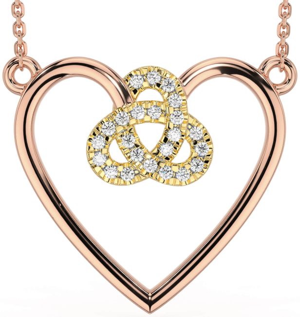 Diamond Rose Yellow Gold Celtic Trinity Knot Heart Necklace