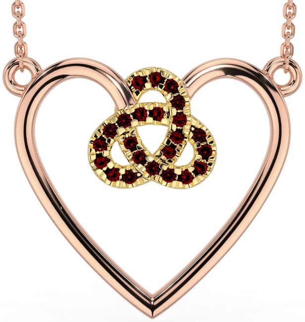 Garnet Rose Yellow Gold Celtic Trinity Knot Heart Necklace