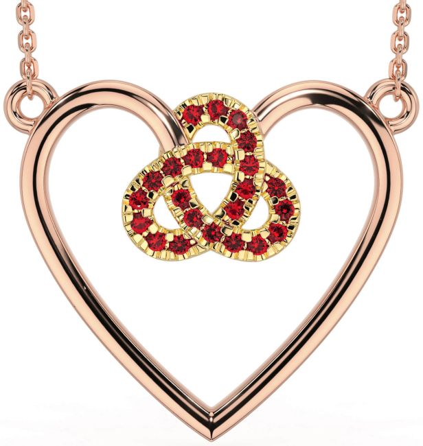 Ruby Rose Yellow Gold Celtic Trinity Knot Heart Necklace
