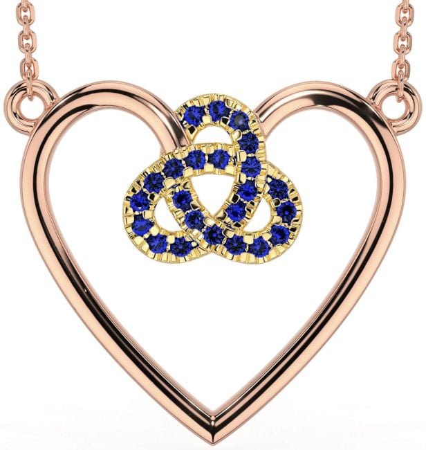 Sapphire Rose Yellow Gold Celtic Trinity Knot Heart Necklace